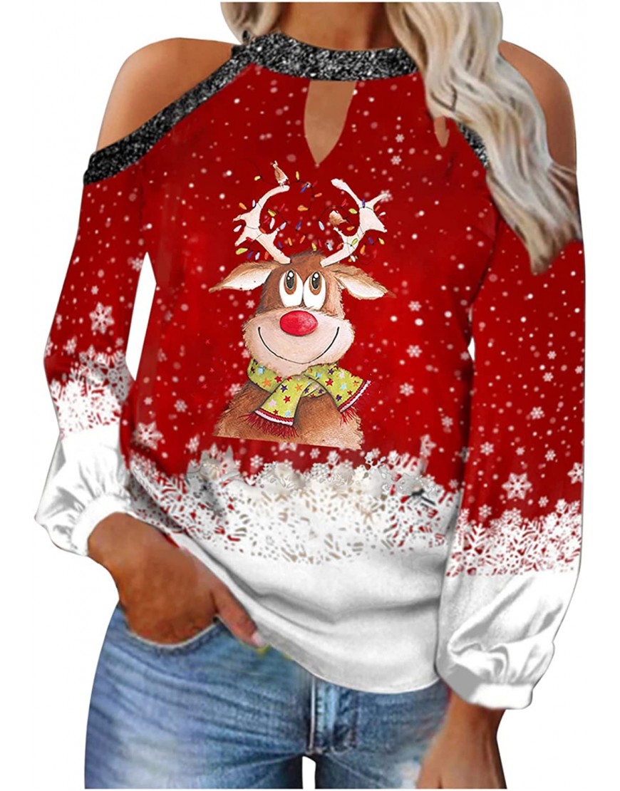 wyzesi Chemise de NoëL pour Femme Shirt à éPaules Dénudées Chic élégant Imprimé de Noël Casual Mode Sexy Blouse à Manches Longues Pull Tops B09LH7ZRKF