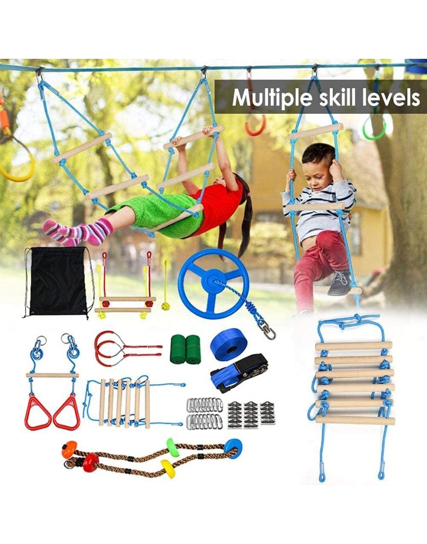 PAKEY Ninja Warrior Obstacle Course for Kids 49 ft Slackline Ninja Line Monkey Bars Kit & Bonus Seat Swing More Obstacles Than Ever w Adjustable Positions Perfect Ninja Course Training B09CPFW1DF